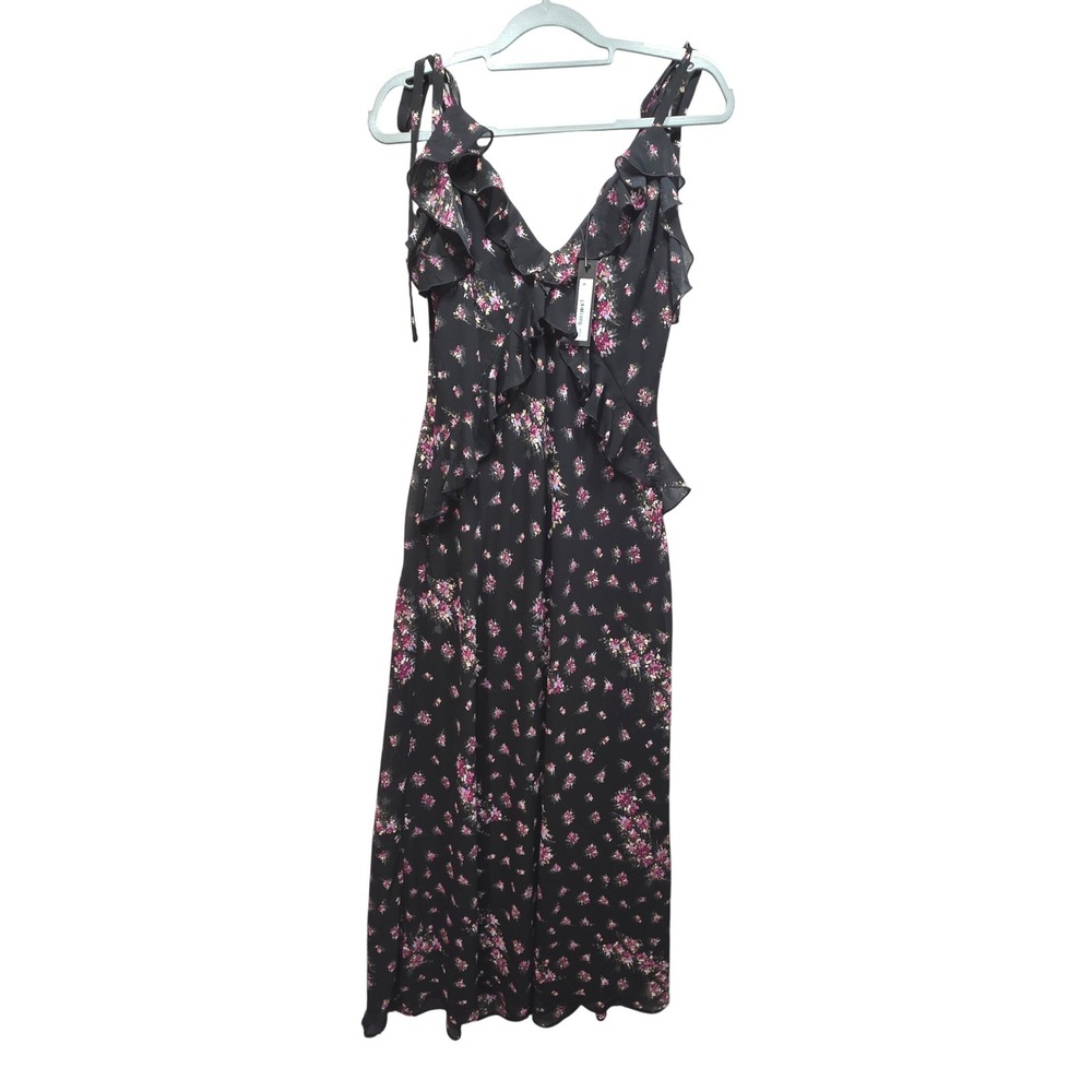 Steve Madden Adalina Maxi Dress Black Ruffle Tie Straps Dark Floral Fairy New